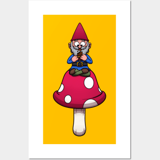 Cute Garden Gnome Eating Chocolate On Mushroom Posters and Art